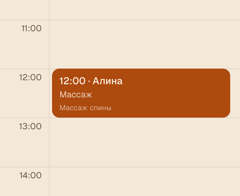 Запись Алины на массаж спины в календаре Takt